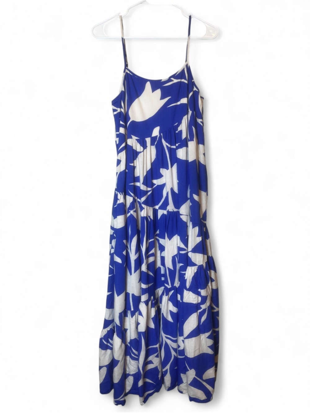 Mister Zimi Blue/White Floral Tiered Linen Blend Maxi Dress Sz 8